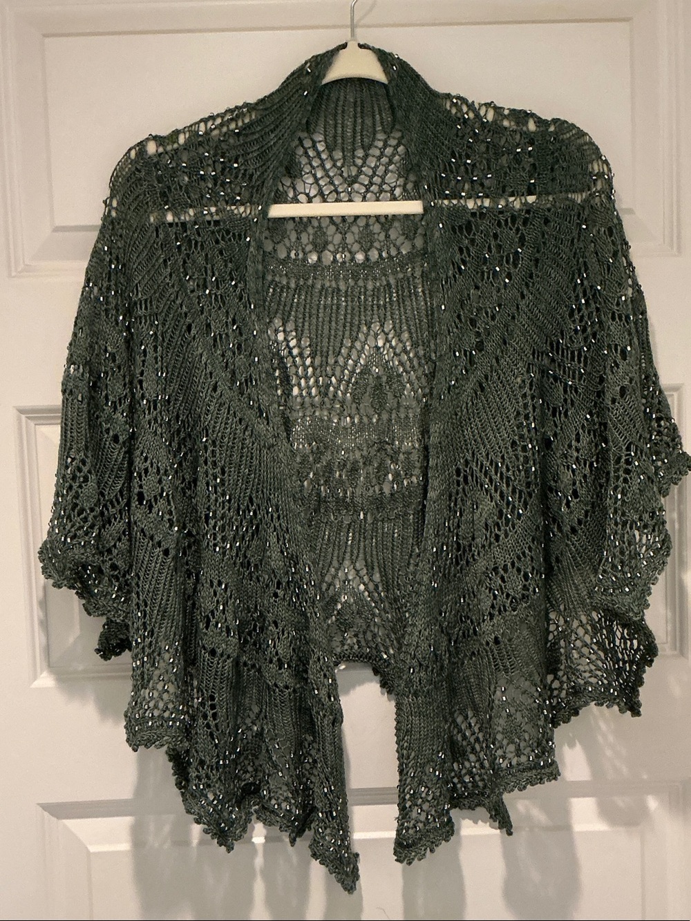 Open Knit Embellished Shrug/scarf in Dark Green Hand Made